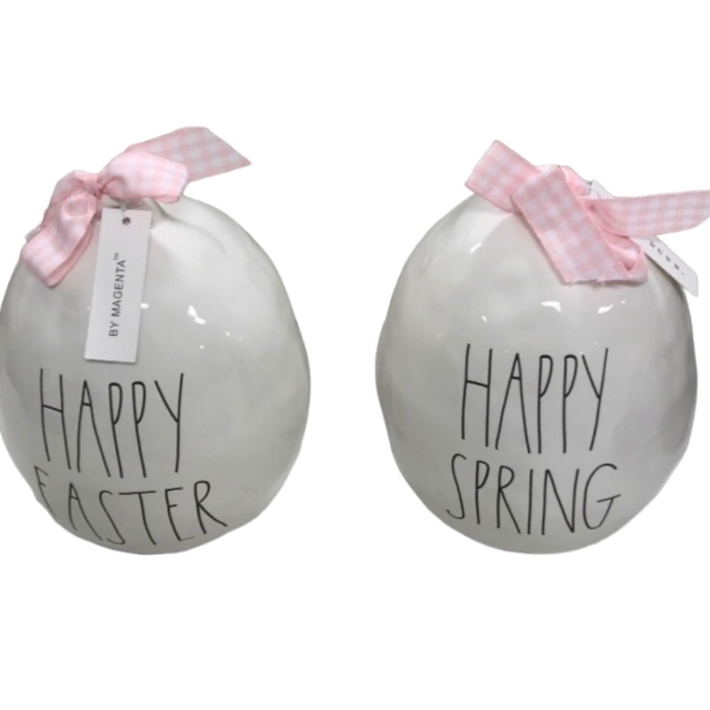RARE RAE DUNN Gigantic Ceramic Easter, Spring Egg and Happy Easter Egg bundle